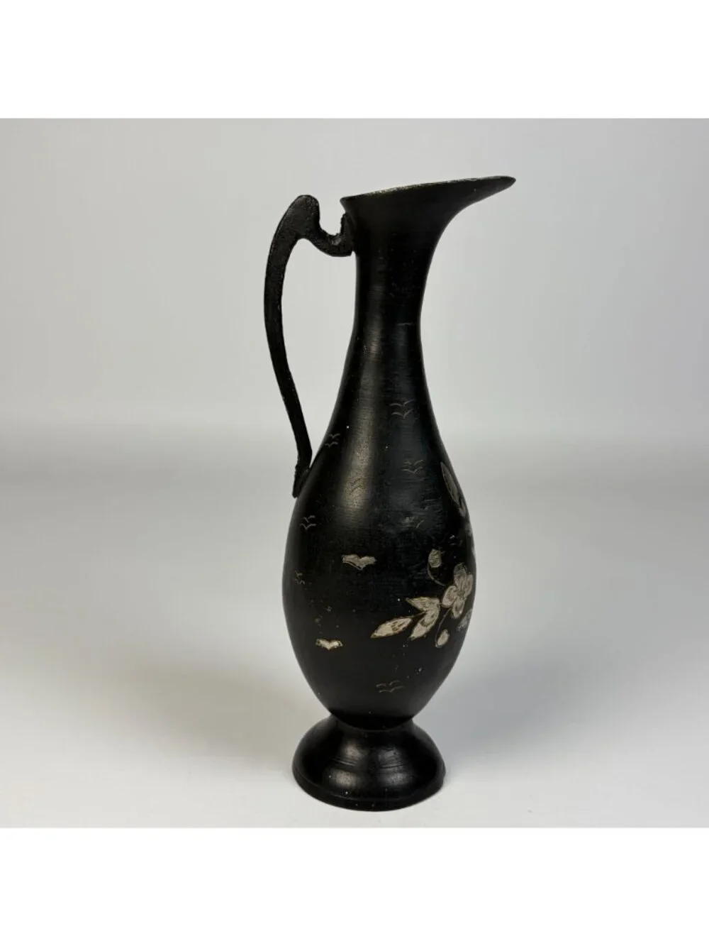 Vintage Black Metal Pitcher Vase Floral Engraving Thin Handle Decorative Piece